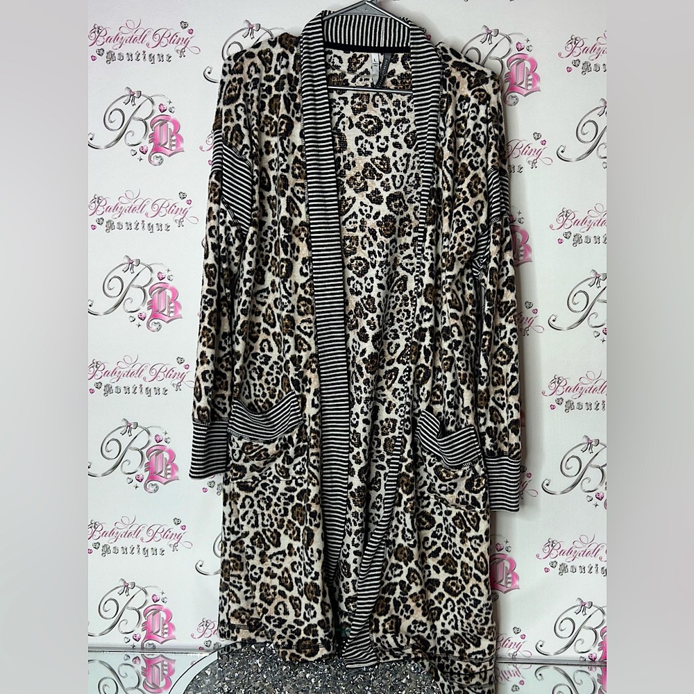 Jaclyn intimates cardigan long Leopard Print Dress with Striped Sleeves